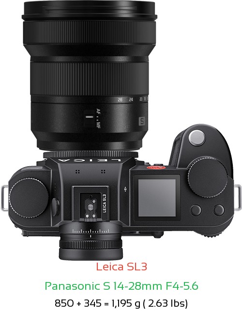 Leica SL3 with Panasonic S 14-28mm F4-5.6 Lens Size