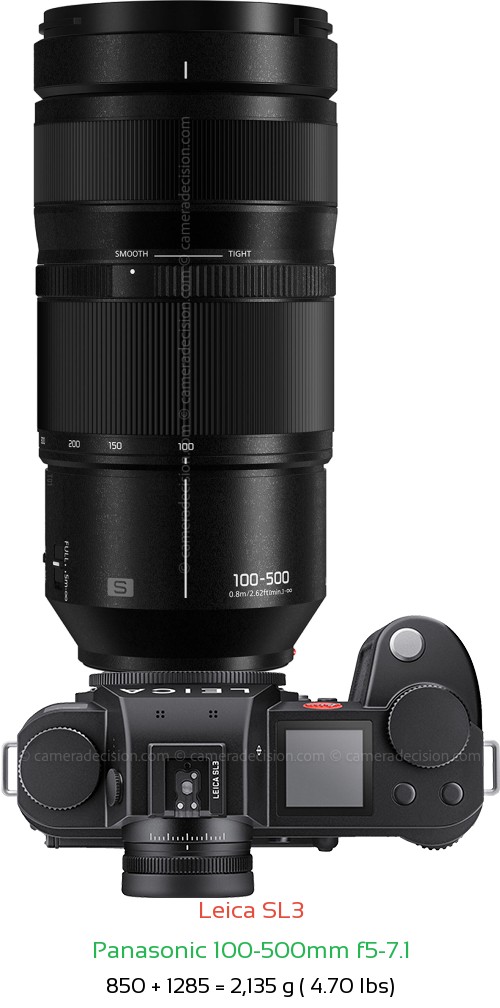 Leica SL3 with Panasonic 100-500mm f5-7.1 Lens Size