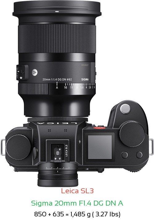 Leica SL3 with Sigma 20mm F1.4 DG DN A Lens Size