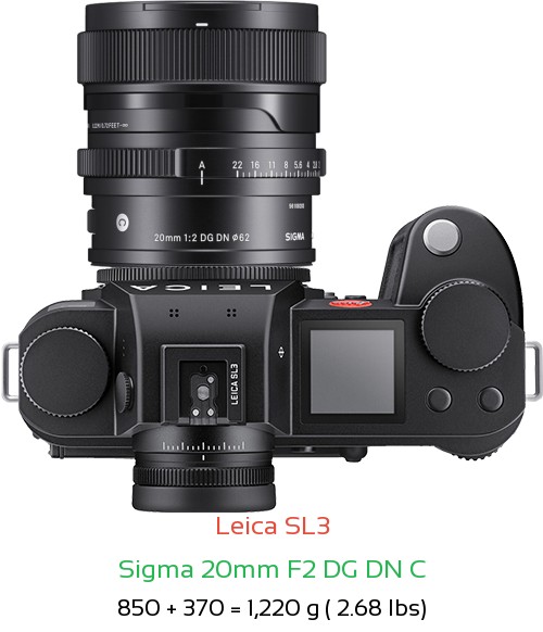 Leica SL3 with Sigma 20mm F2 DG DN C Lens Size