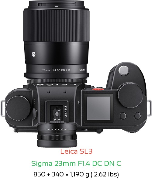 Leica SL3 with Sigma 23mm F1.4 DC DN C Lens Size
