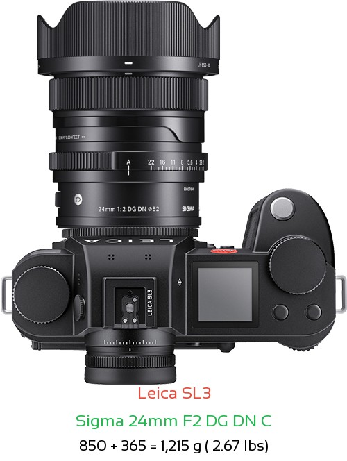 Leica SL3 with Sigma 24mm F2 DG DN C Lens Size