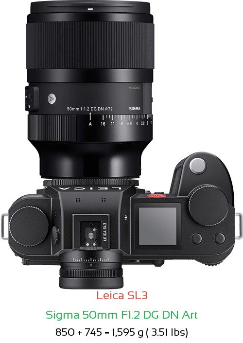 Leica SL3 with Sigma 50mm F1.2 DG DN Art Lens Size