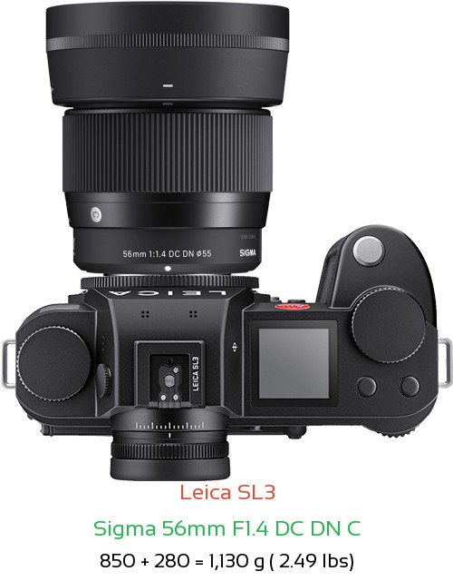 Leica SL3 with Sigma 56mm F1.4 DC DN C Lens Size