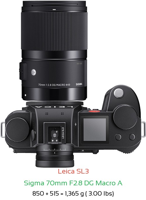 Leica SL3 with Sigma 70mm F2.8 DG Macro A Lens Size