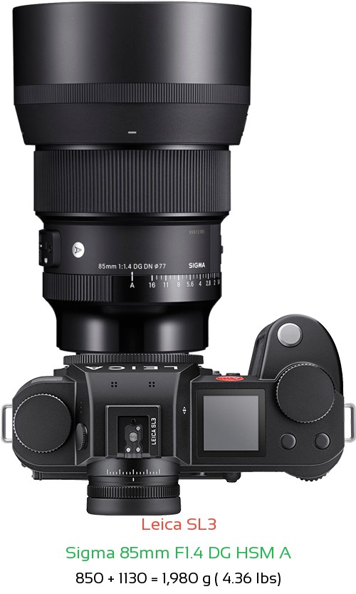 Leica SL3 with Sigma 85mm F1.4 DG HSM A Lens Size