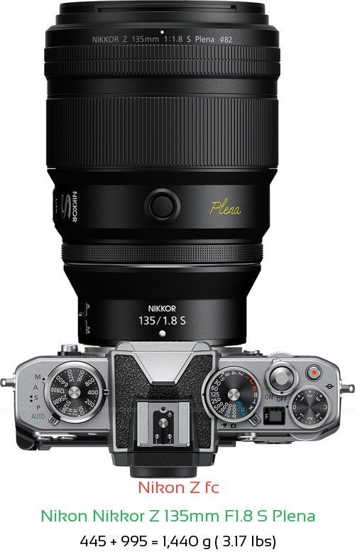 Nikon Z fc with Nikon Z 135mm F1.8 S Plena Lens Size