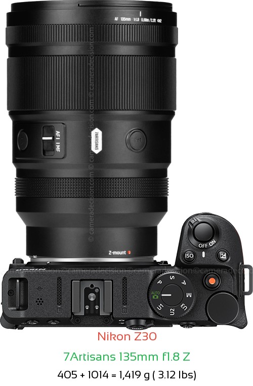 Nikon Z30 with 7Artisans 135mm f1.8 Z Lens Size