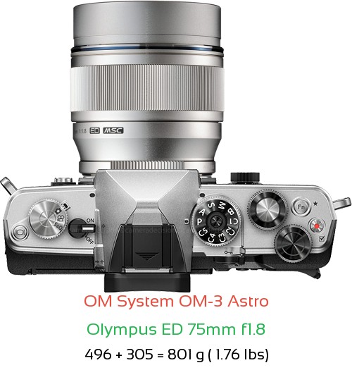 OM System OM-3 Astro with Olympus ED 75mm f1.8 Lens Size