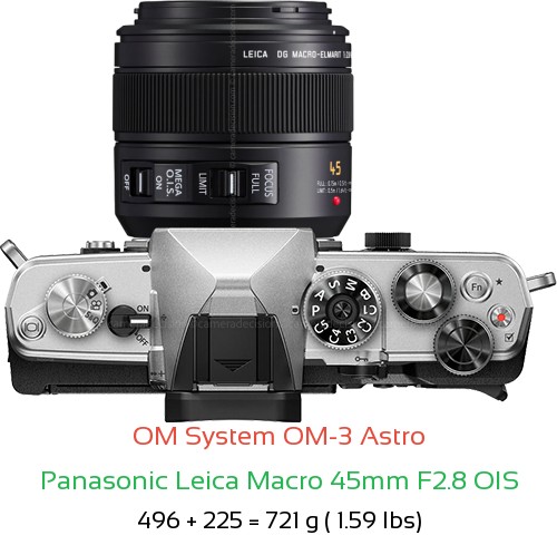 OM System OM-3 Astro with Panasonic Leica Macro 45mm F2.8 OIS Lens Size
