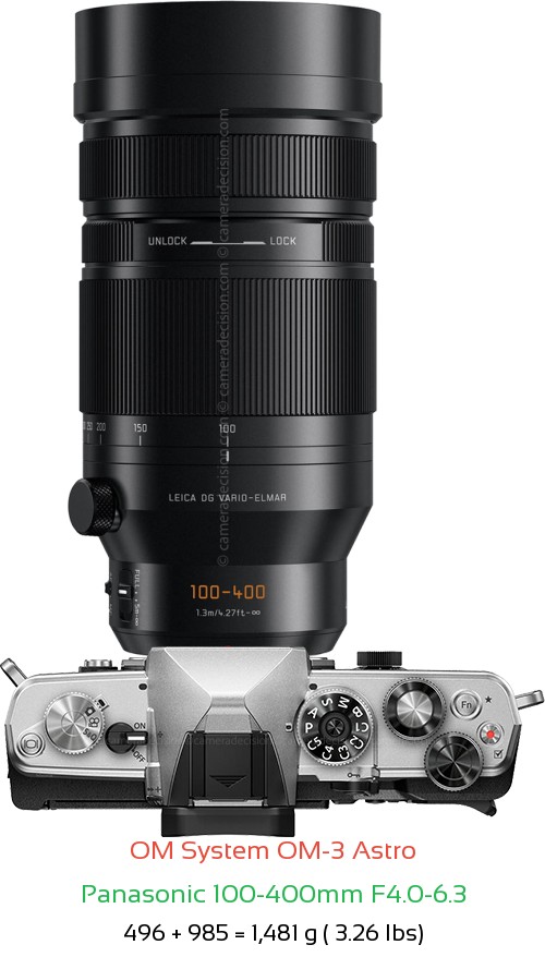 OM System OM-3 Astro with Panasonic 100-400mm F4.0-6.3 Lens Size