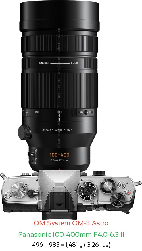 OM System OM-3 Astro with Panasonic 100-400mm F4.0-6.3 II Lens Size