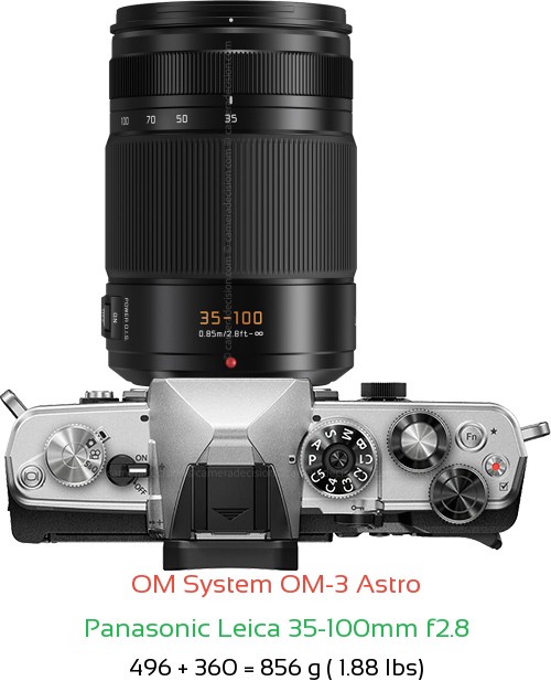 OM System OM-3 Astro with Panasonic Leica 35-100mm f2.8 Lens Size