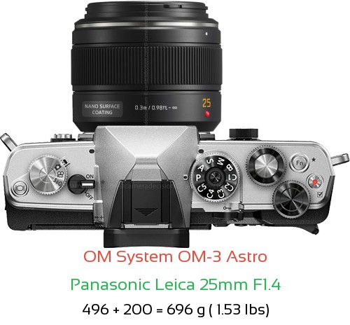 OM System OM-3 Astro with Panasonic Leica 25mm F1.4 Lens Size