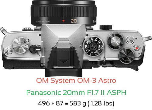 OM System OM-3 Astro with Panasonic 20mm F1.7 II ASPH Lens Size