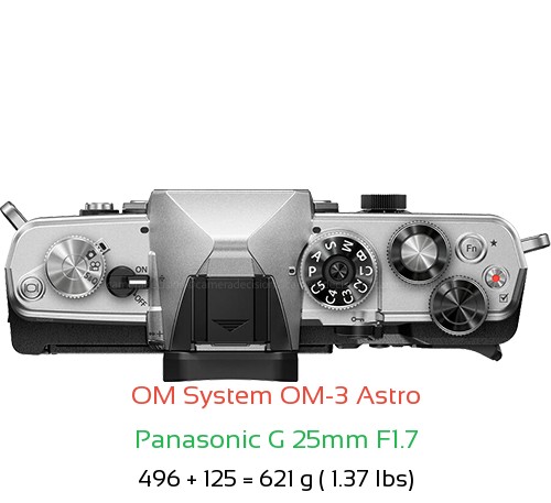 OM System OM-3 Astro with Panasonic G 25mm F1.7 Lens Size