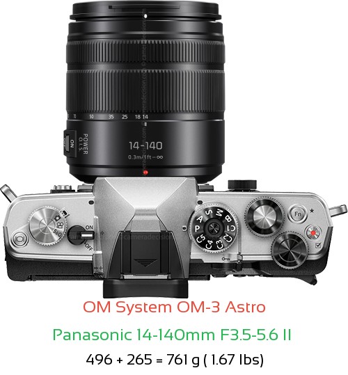 OM System OM-3 Astro with Panasonic 14-140mm F3.5-5.6 II  Lens Size