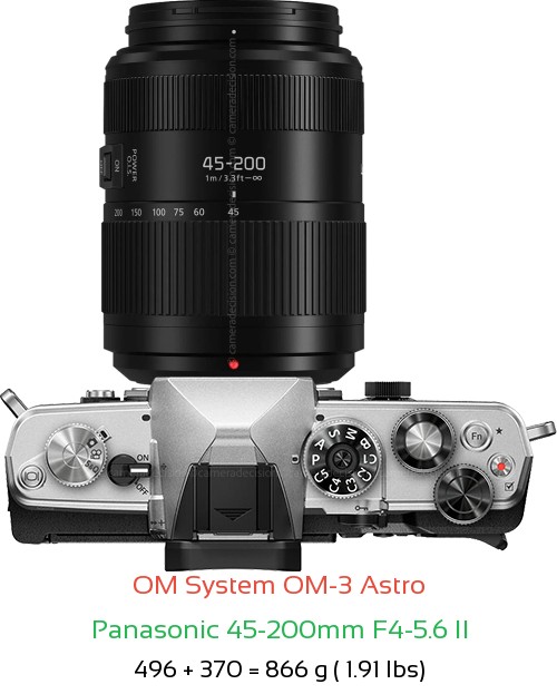 OM System OM-3 Astro with Panasonic 45-200mm F4-5.6 II Lens Size