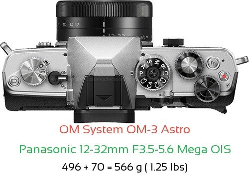 OM System OM-3 Astro with Panasonic 12-32mm F3.5-5.6 Mega OIS Lens Size