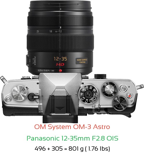 OM System OM-3 Astro with Panasonic 12-35mm F2.8 OIS Lens Size