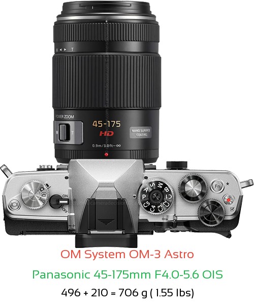 OM System OM-3 Astro with Panasonic 45-175mm F4.0-5.6 OIS Lens Size