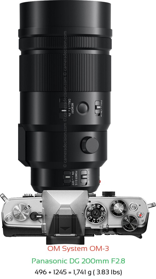 OM System OM-3 with Panasonic DG 200mm F2.8 Lens Size