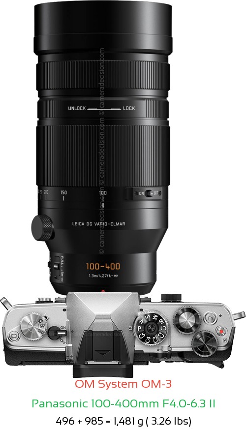 OM System OM-3 with Panasonic 100-400mm F4.0-6.3 II Lens Size