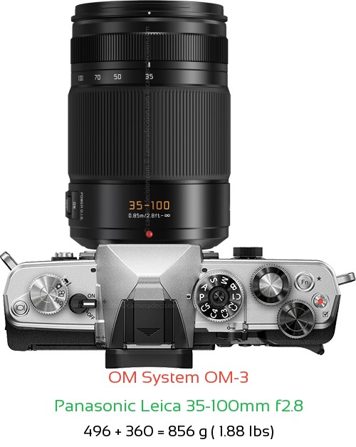 OM System OM-3 with Panasonic Leica 35-100mm f2.8 Lens Size