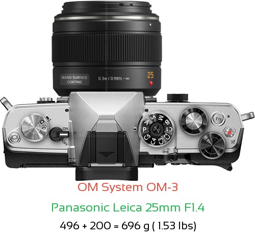 OM System OM-3 with Panasonic Leica 25mm F1.4 Lens Size