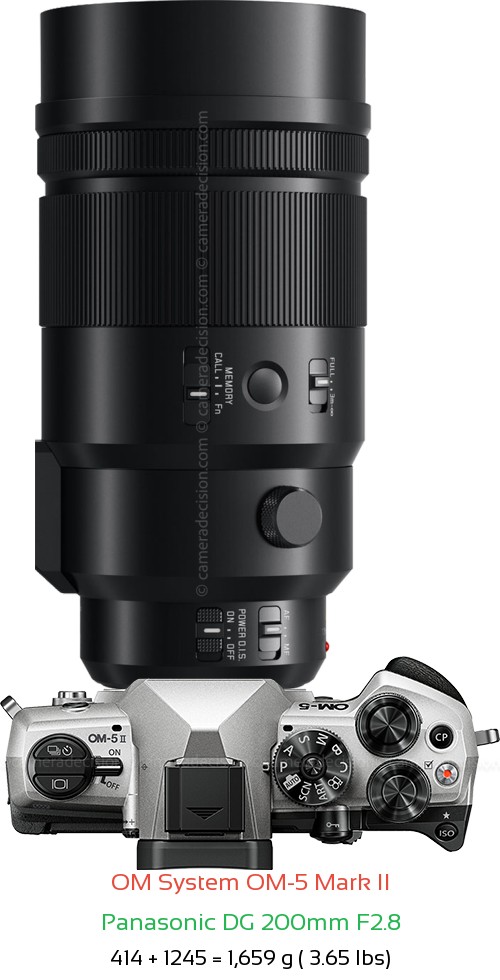 OM System OM-5 II with Panasonic DG 200mm F2.8 Lens Size