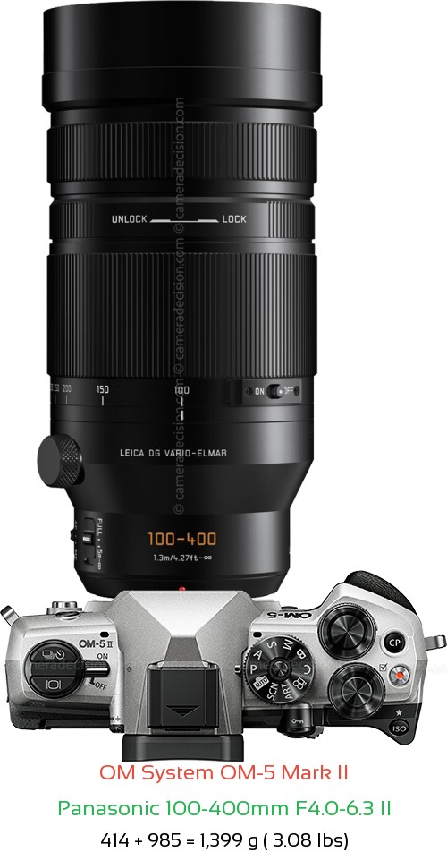 OM System OM-5 II with Panasonic 100-400mm F4.0-6.3 II Lens Size