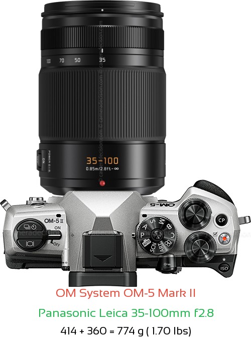 OM System OM-5 II with Panasonic Leica 35-100mm f2.8 Lens Size