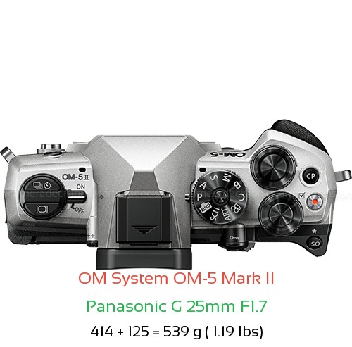 OM System OM-5 II with Panasonic G 25mm F1.7 Lens Size