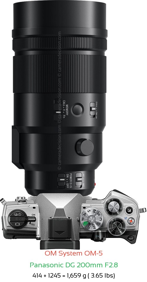 OM System OM-5 with Panasonic DG 200mm F2.8 Lens Size