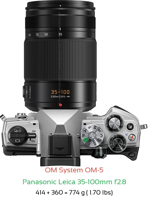 OM System OM-5 with Panasonic Leica 35-100mm f2.8 Lens Size