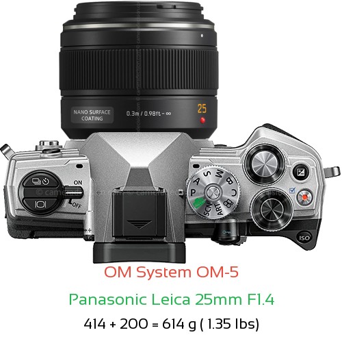 OM System OM-5 with Panasonic Leica 25mm F1.4 Lens Size