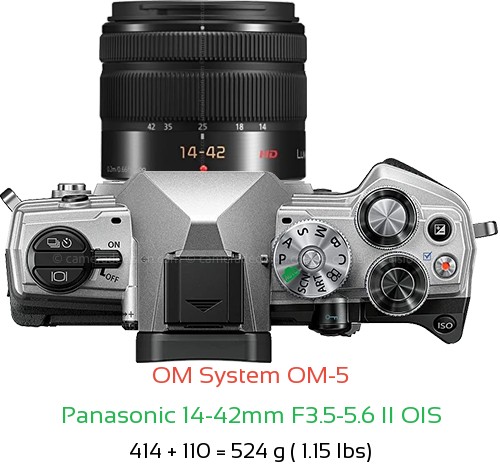 OM System OM-5 with Panasonic 14-42mm F3.5-5.6 II OIS Lens Size
