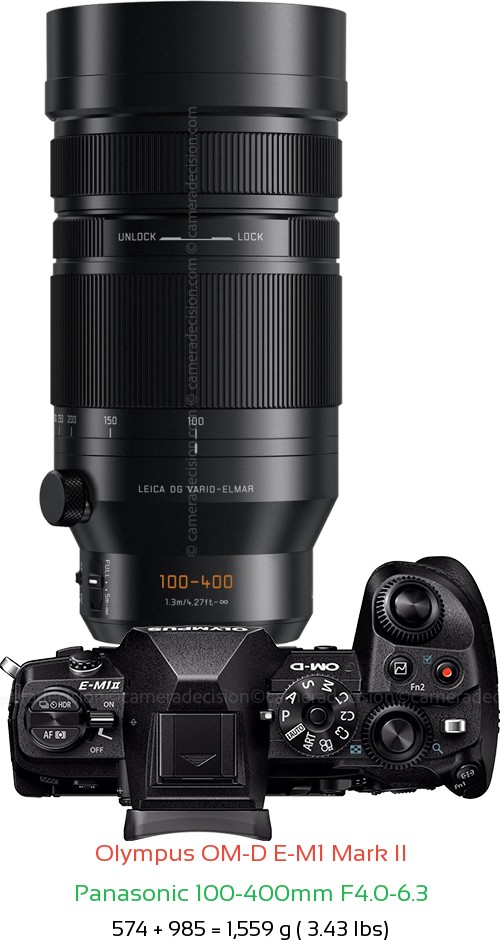 Olympus E-M1 II with Panasonic 100-400mm F4.0-6.3 Lens Size