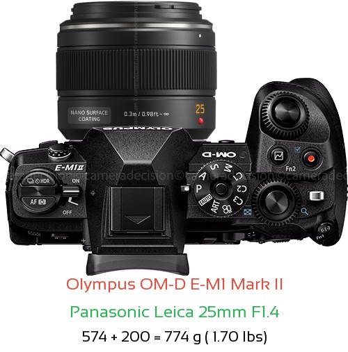 Olympus E-M1 II with Panasonic Leica 25mm F1.4 Lens Size