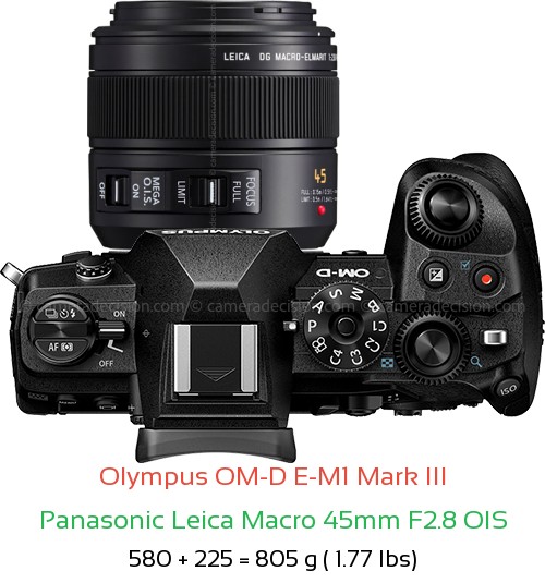 Olympus E-M1 III with Panasonic Leica Macro 45mm F2.8 OIS Lens Size