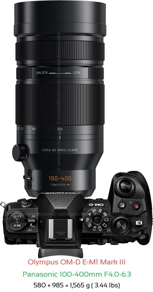 Olympus E-M1 III with Panasonic 100-400mm F4.0-6.3 Lens Size