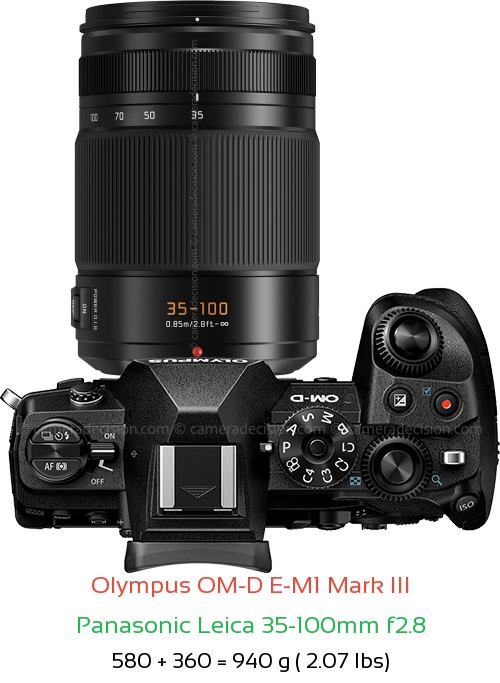 Olympus E-M1 III with Panasonic Leica 35-100mm f2.8 Lens Size