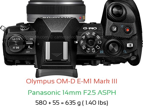 Olympus E-M1 III with Panasonic 14mm F2.5 ASPH Lens Size