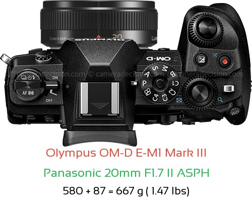 Olympus E-M1 III with Panasonic 20mm F1.7 II ASPH Lens Size