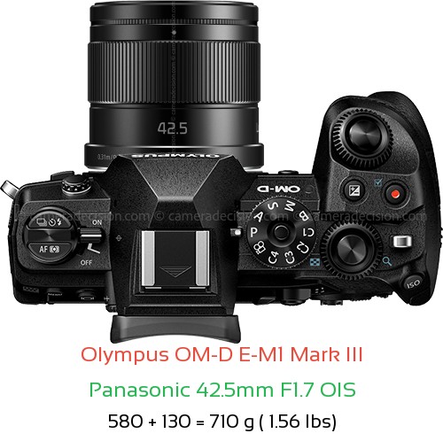 Olympus E-M1 III with Panasonic 42.5mm F1.7 OIS Lens Size