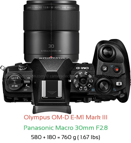 Olympus E-M1 III with Panasonic Macro 30mm F2.8 Lens Size