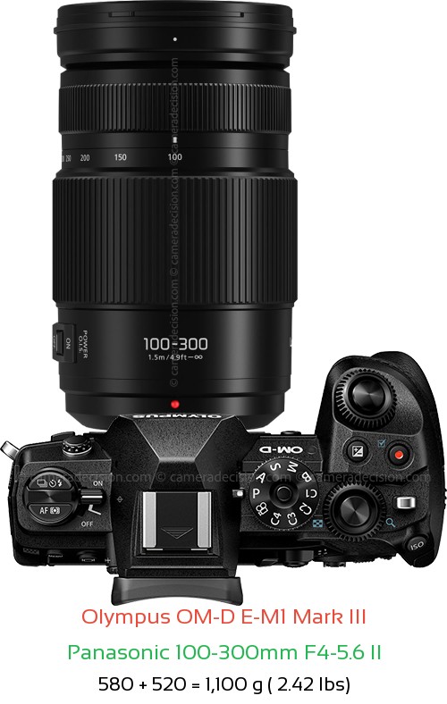 Olympus E-M1 III with Panasonic 100-300mm F4-5.6 II Lens Size