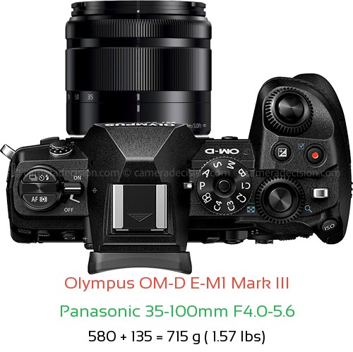 Olympus E-M1 III with Panasonic 35-100mm F4.0-5.6 Lens Size