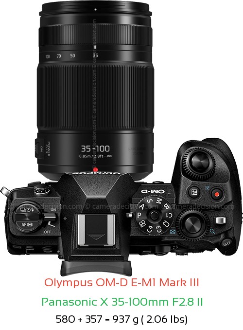 Olympus E-M1 III with Panasonic X 35-100mm F2.8 II Lens Size