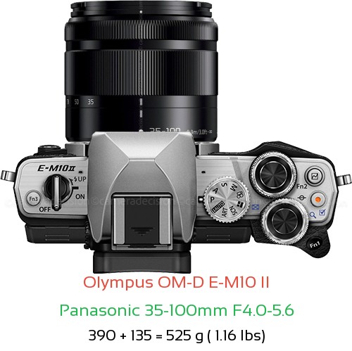 Olympus E-M10 II with Panasonic 35-100mm F4.0-5.6 Lens Size